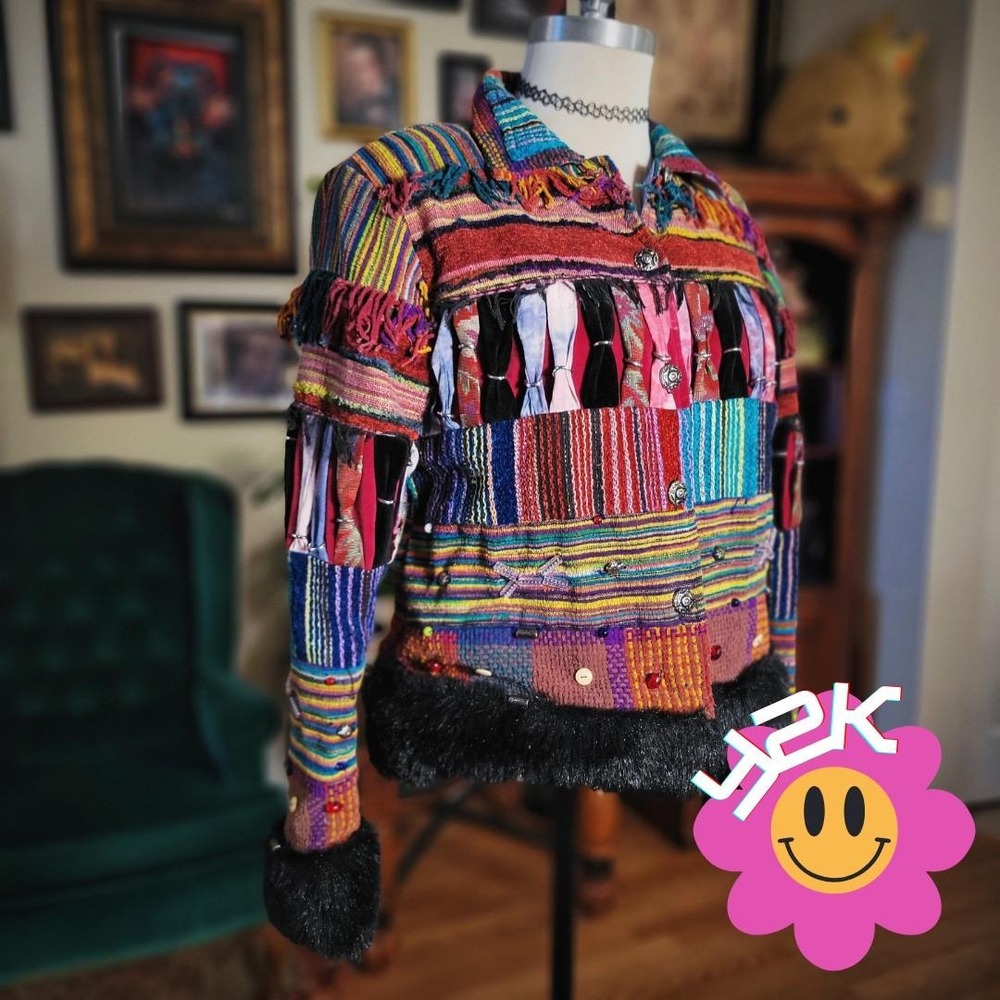 Vintage Y2K Pushpa Bohemian Patchwork Fur Trim Jacket Multi Color Festival Boho